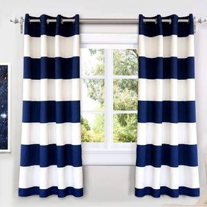 White and Navy Stripe Curtains Room Darkening Grommet 2 Panels Each 52 by 63 In